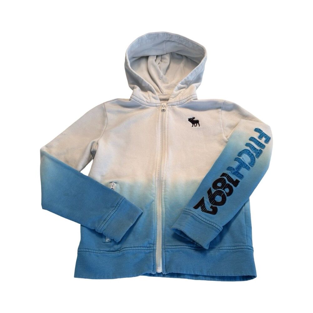 ABERCROMBIE Kids 9/10 Full Zip Hoodie Jacket Blue‎ White Spellout Y2K
